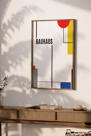 Geometri 2. Bauhaus Plakaten er en hyldest til Bauhaus-skolens minimalistiske og geometriske æstetik.